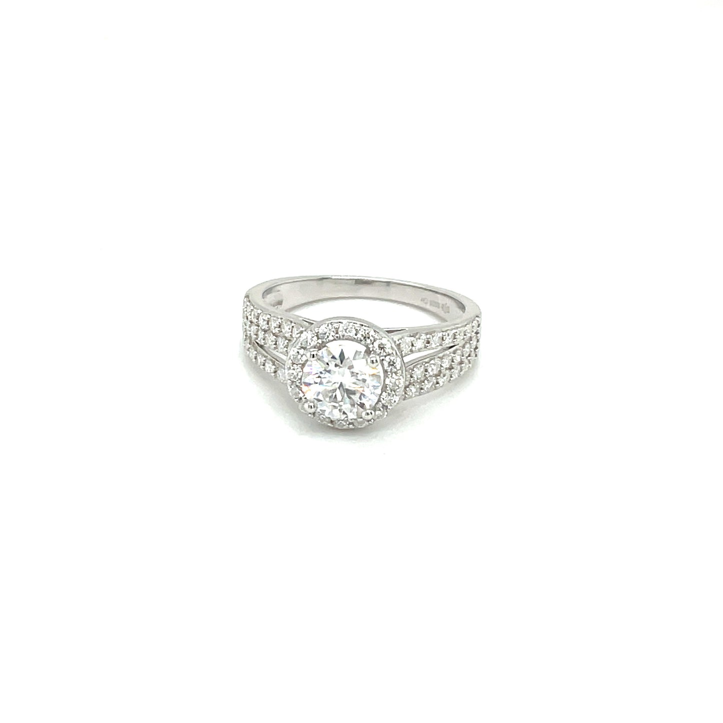 TTT SS Rhod. Plated Ring w/1 Ct Round, Halo & Moissanite Gemstone Accents.-WH