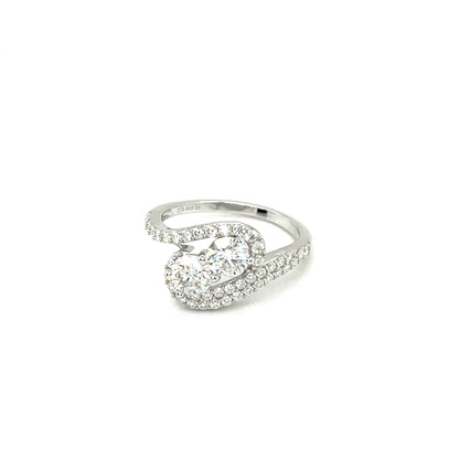 TTT Slanted, Swirl Band Ring w/2 Round and Moissanite Gemstone Accents; Platinum Plated SS.