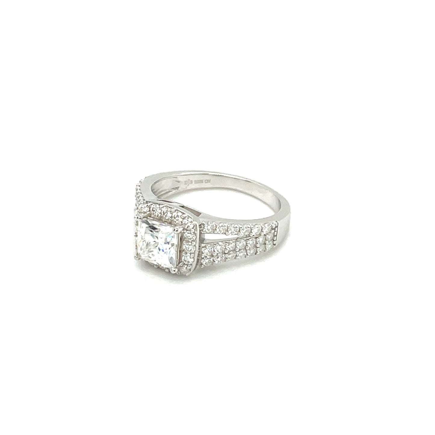 TTT 1 Ct Square, Halo & Moissanite Gemstone Accented Ring; Rhodium Plated SS.