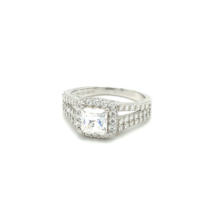 TTT 1 Ct Square, Halo & Moissanite Gemstone Accented Ring; Rhodium Plated SS.