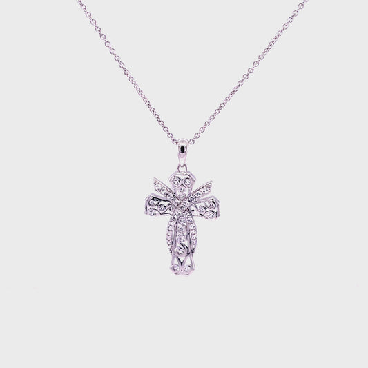 LM Faithful,  Rhodium Plated SS Cross w/Created Sapphire Gemstones & SS Chain.