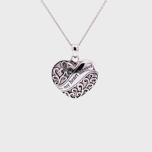 CC In My Heart Forever Rhodium Plated, Sterling Silver, Memorial Ash Holder Pendant w/18" SS Chain & Accessories.