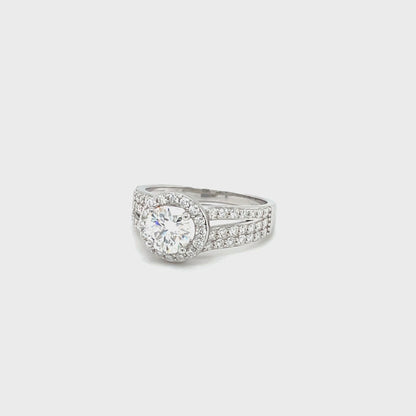 TTT SS Rhod. Plated Ring w/1 Ct Round, Halo & Moissanite Gemstone Accents.-WH