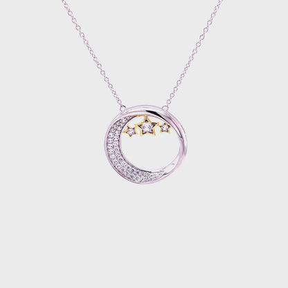 M I Promise You The Moon And Stars Two Tone Pendant; Plated SS w/Lab Grown Sapphire & Chain.