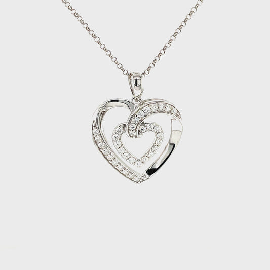 The Power of Love tm; Platinum Plated Sterling Silver, Heart Pendant w/Moissanite Gemstone Highlights & SS Chain.