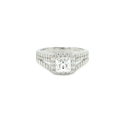 TTT 1 Ct Square, Halo & Moissanite Gemstone Accented Ring; Rhodium Plated SS.